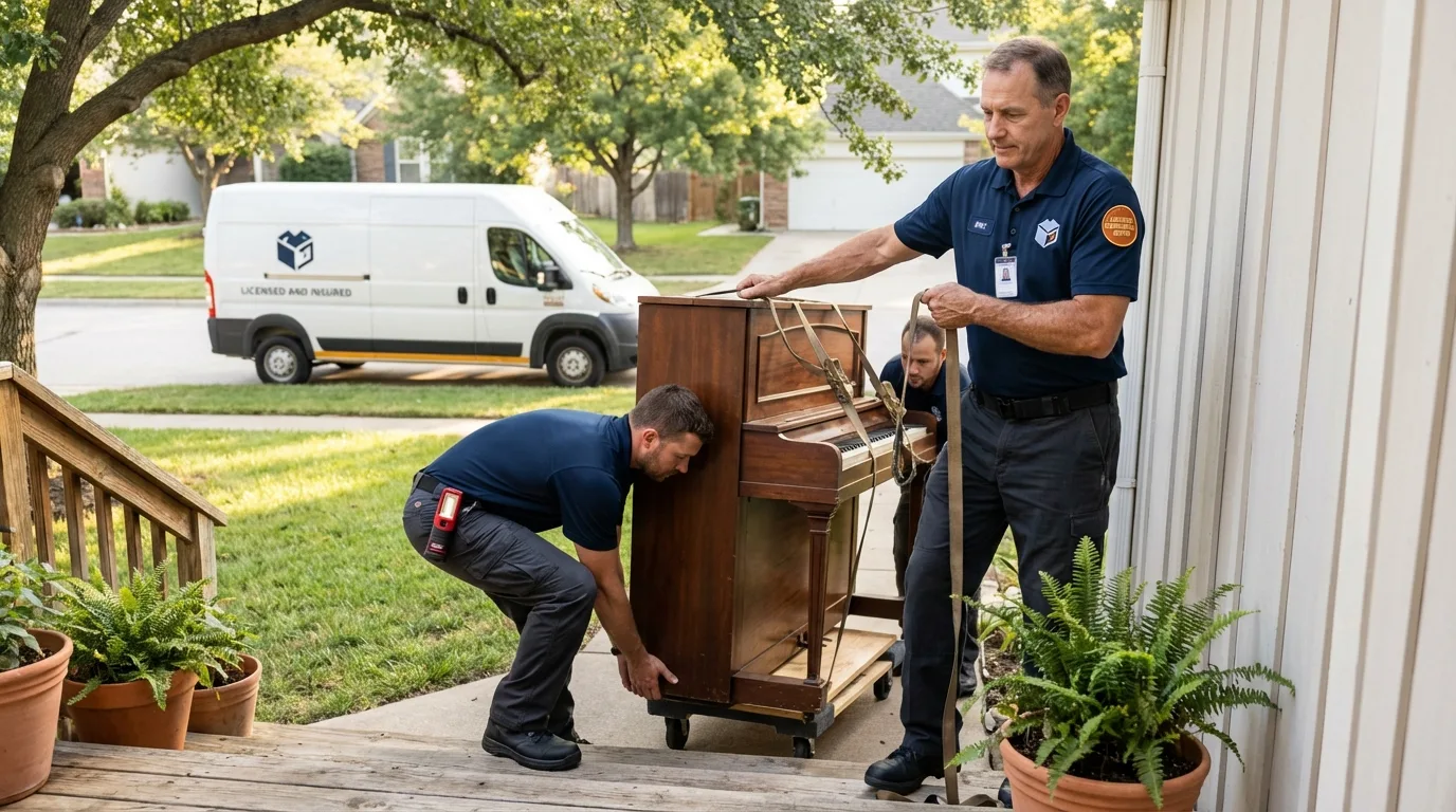 Licensed piano movers securing grand piano in West Babylon, NY