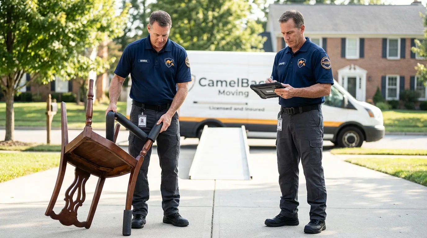Movers inspecting furniture for damage prevention before loading in West Babylon, NY