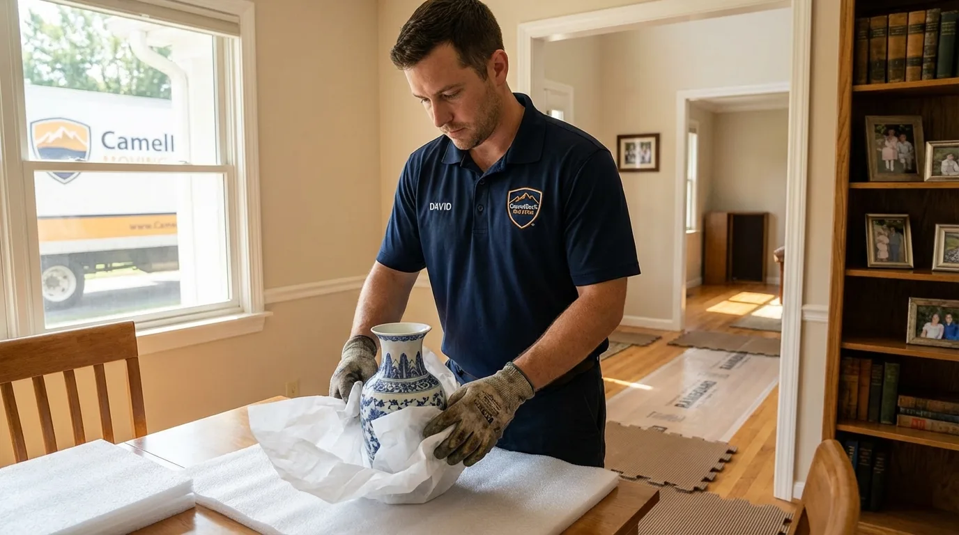 Professional crew carefully wrapping antique vase for senior downsizing move in West Babylon, NY