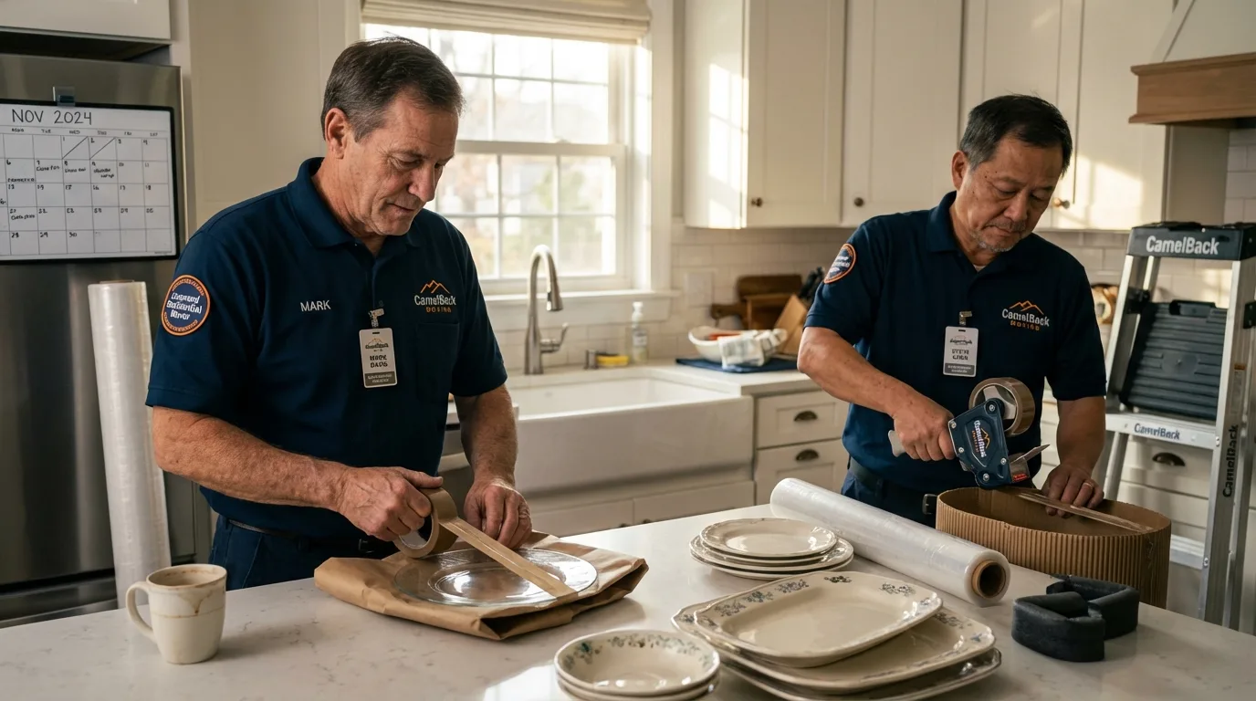 Professional crew packing kitchen dishware in West Babylon, NY